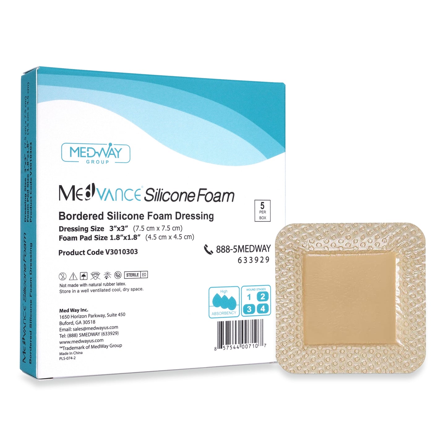 MedVance Silicone Bordered Adhesive Wound Dressing, 3"x3", Single Piece