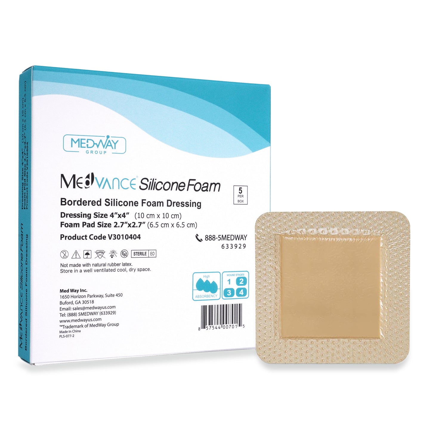 MedVance Silicone Bordered Adhesive Wound Dressing, 4"x4", Single Piece