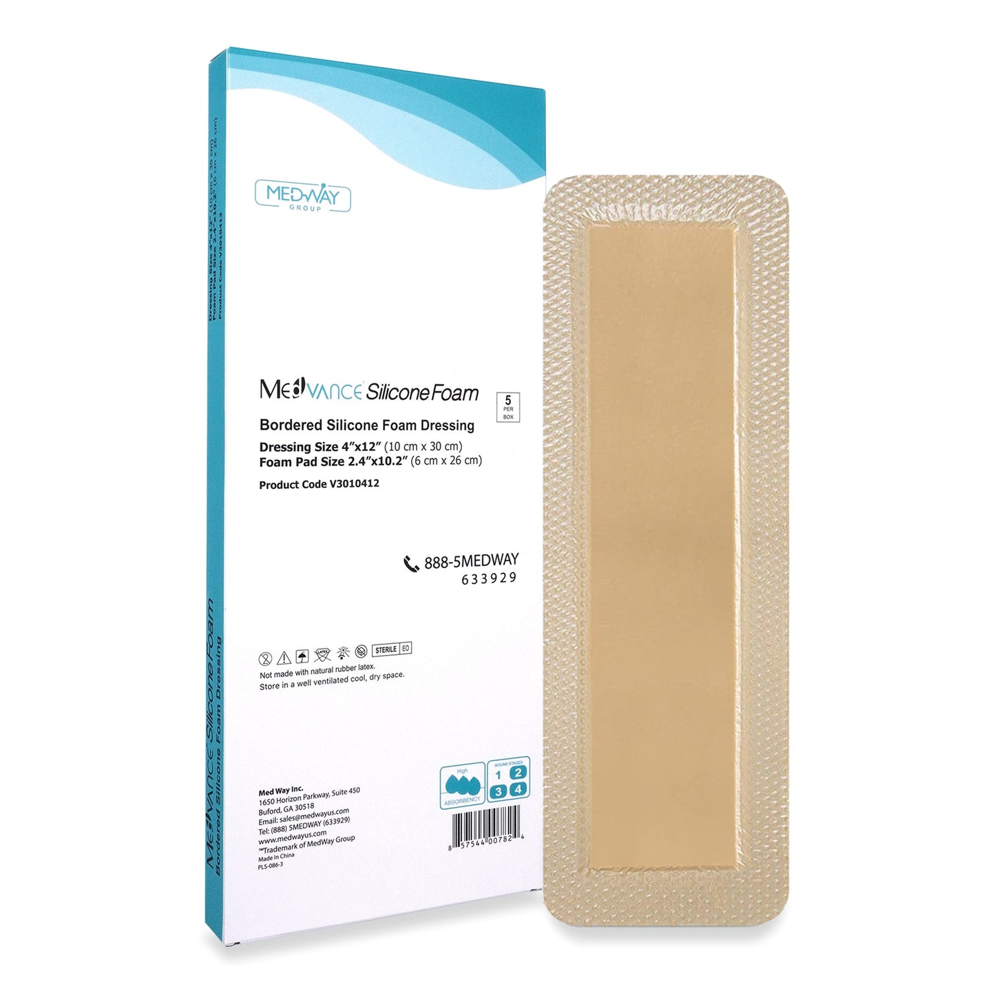 MedVance Silicone Bordered Adhesive Wound Dressing, 4"x 12", Single Piece
