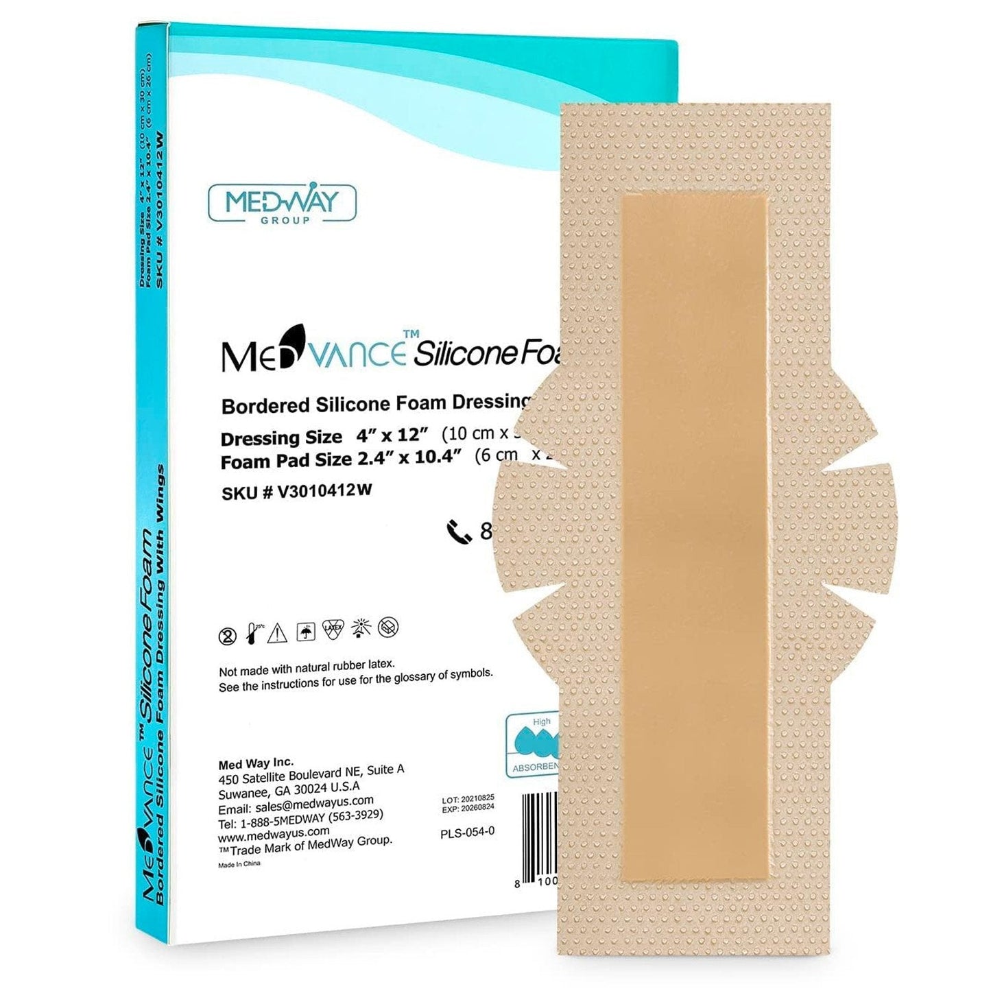 MedVance Silicone Bordered Adhesive Wound Dressing, 4"x12" w/ Wings, Single Piece