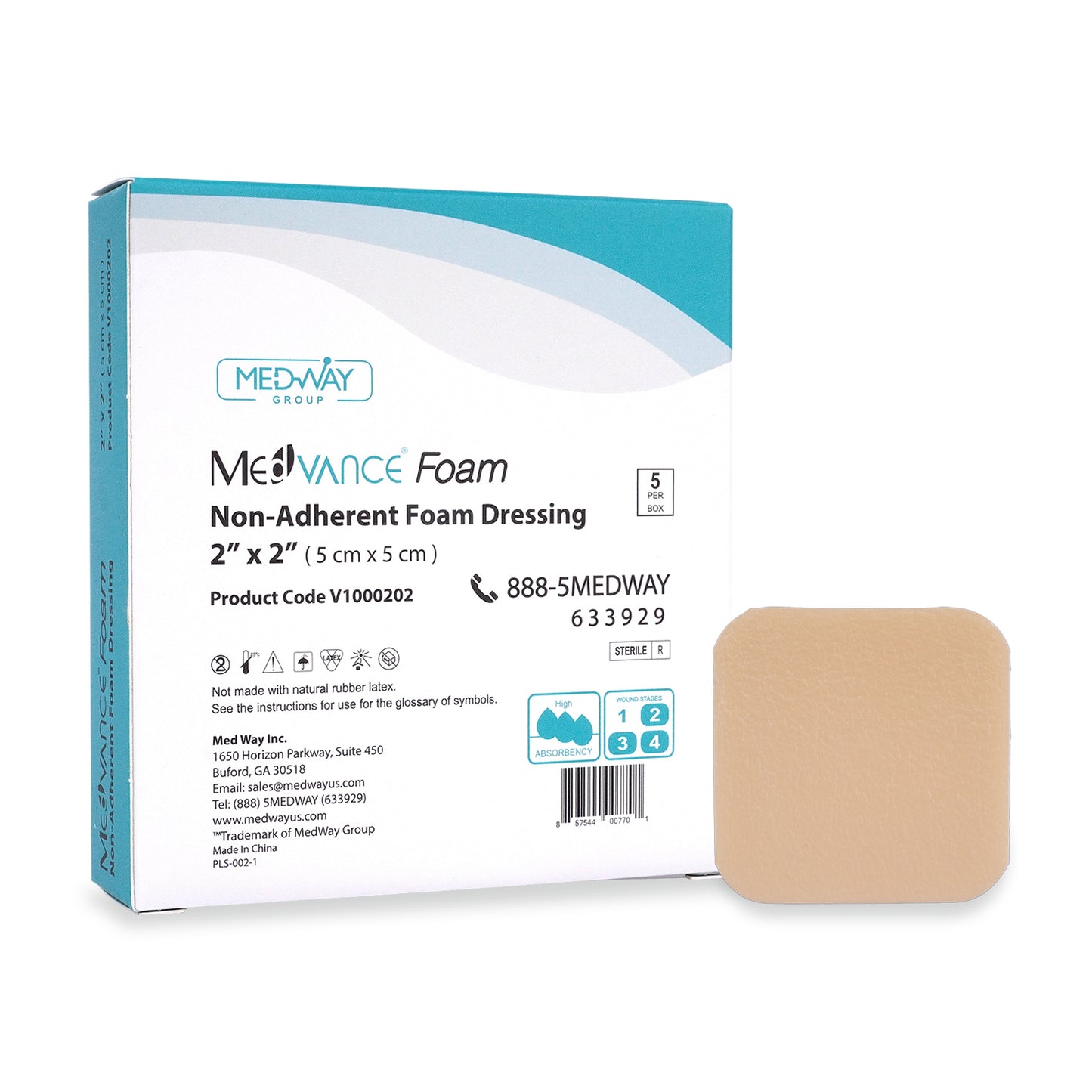 MedVance Foam Non-Bordered Non-Adhesive Wound Dressing, 2"X 2", Box of 5