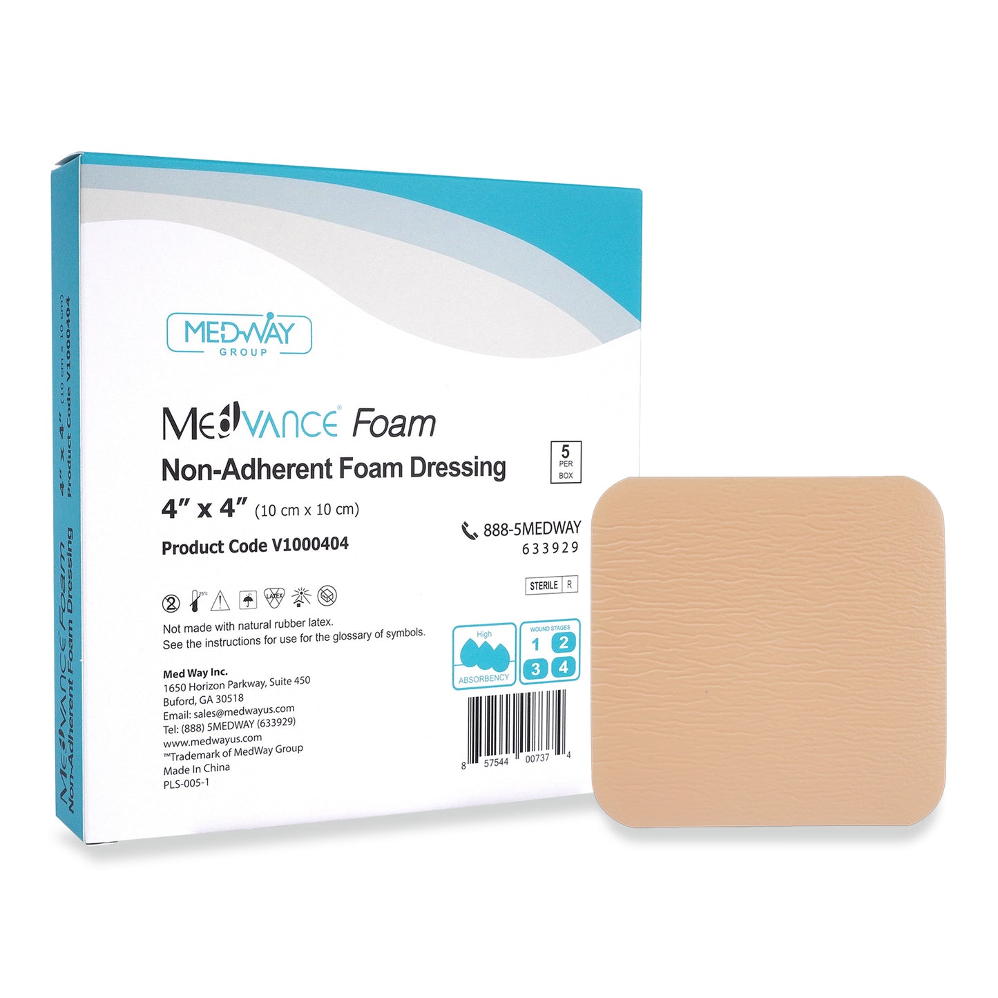 MedVance Foam Non-Bordered Non-Adhesive Wound Dressing, 4"x4", Box of 5