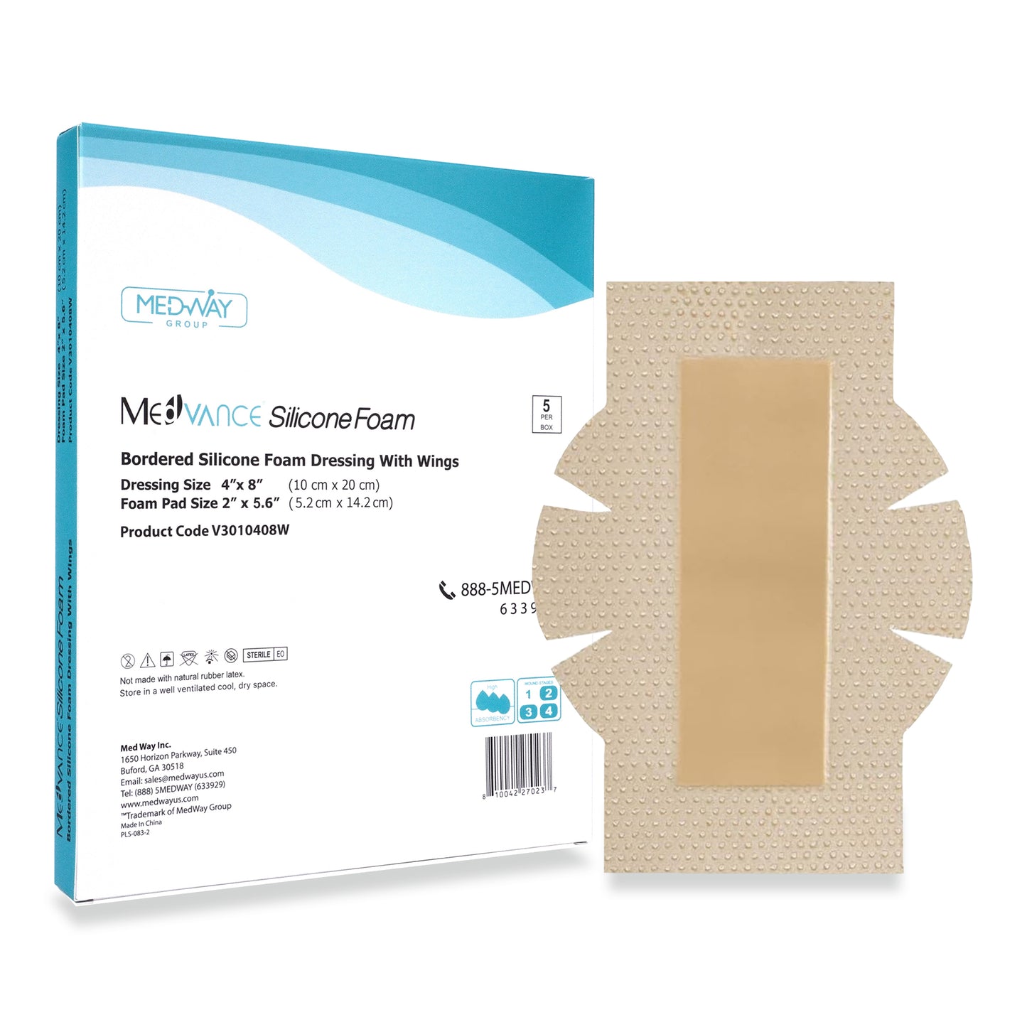 MedVance Silicone Bordered Adhesive Wound Dressing, 4"x8" w/ Wings, Box of 5