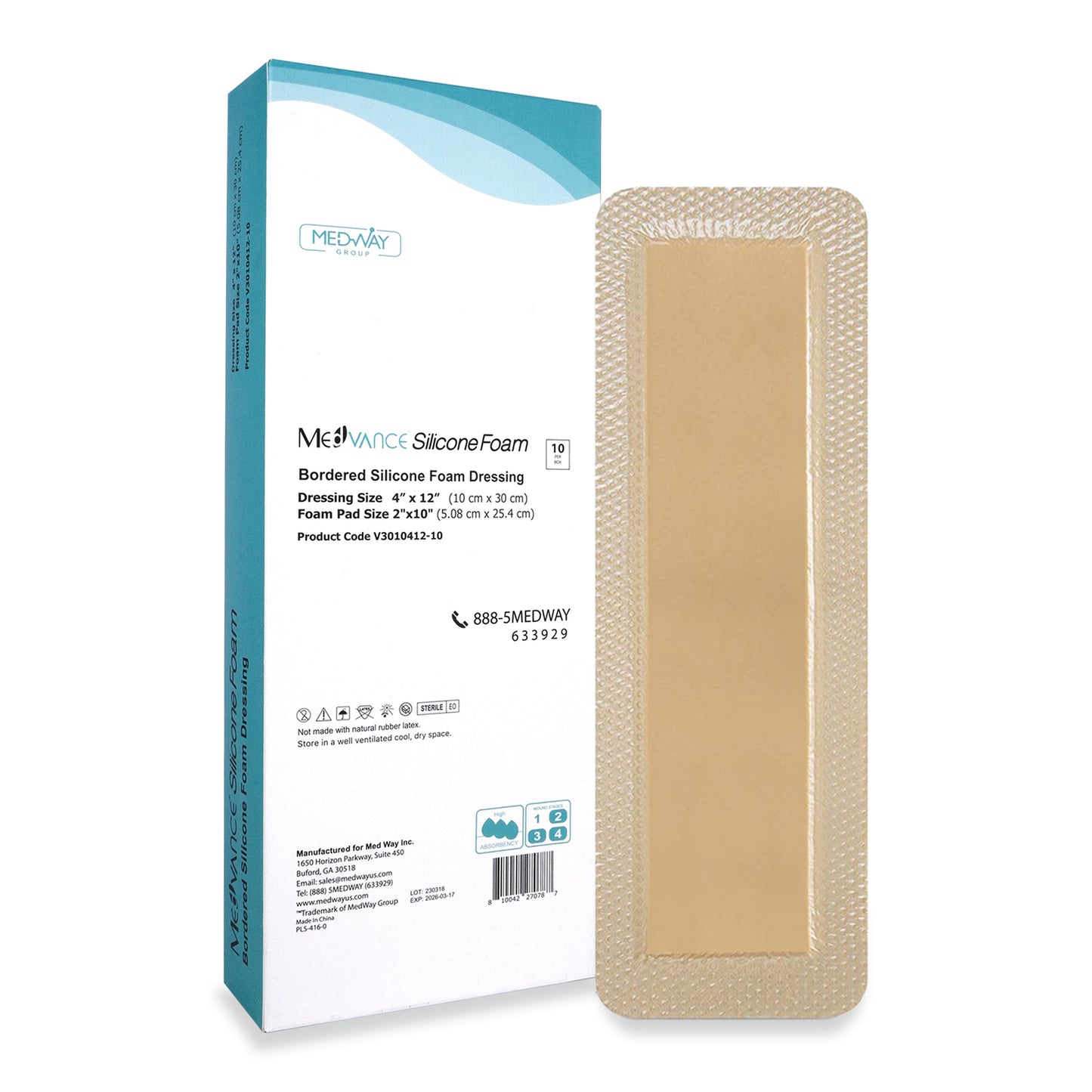 MedVance Silicone Bordered Adhesive Wound Dressing, 4"x 12"