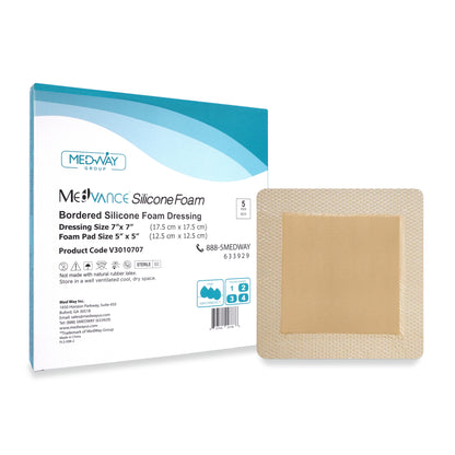 MedVance Silicone Bordered Adhesive Wound Dressing, 7"x7", Box of 5