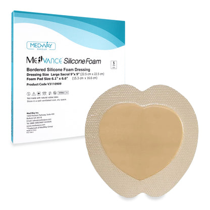 MedVance Silicone Bordered Adhesive Sacral Wound Dressing, 9"x9", Box of 5