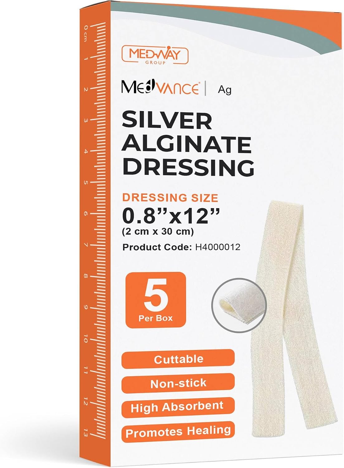 CuraVance Antibacterial Alginate Dressing with Silver, 0.8"x12"