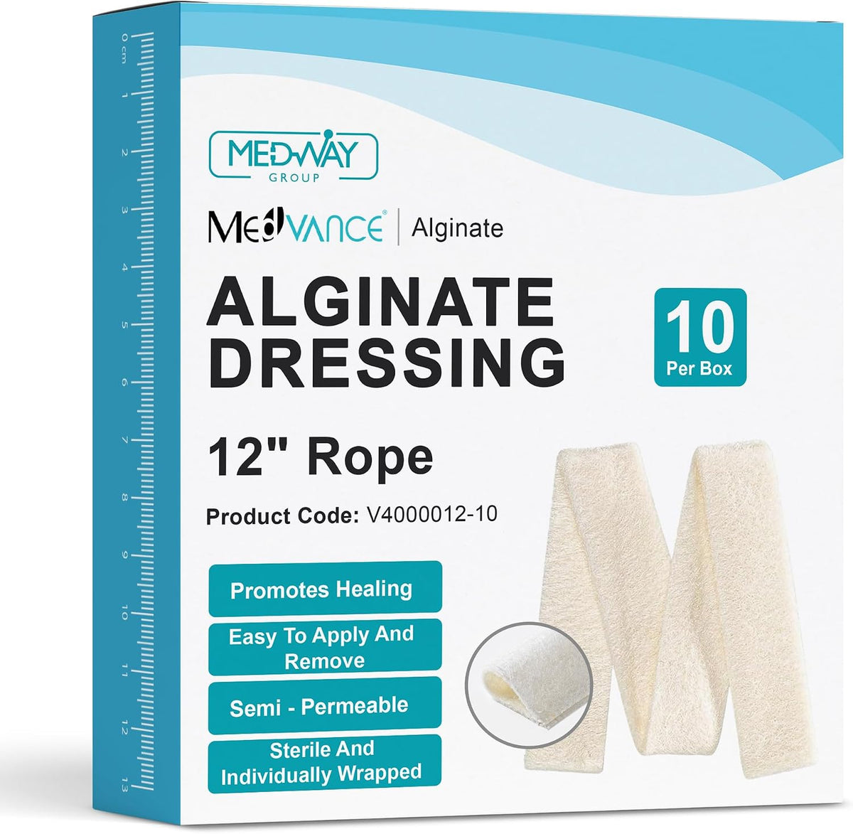 MedVance Calcium Alginate Dressing 12" Rope, Sterile & Waterproof Box of 10