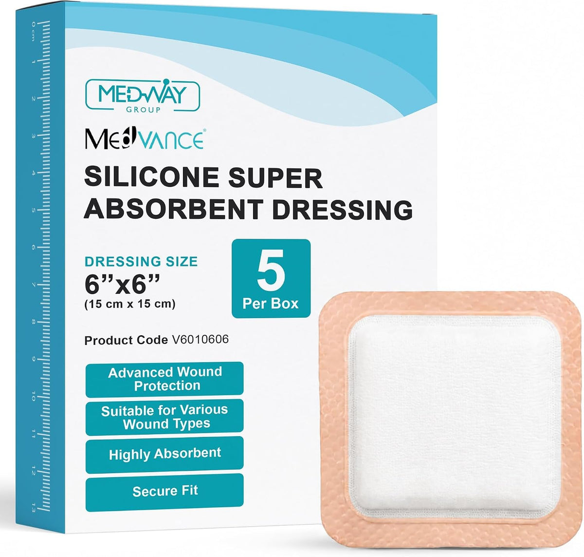 MedVance Silicone Super Absorbent Dressing with Border, 6"x6", Box of 5
