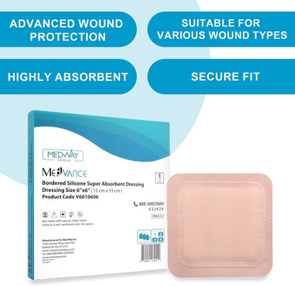 MedVance Silicone Super Absorbent Dressing with Border, 6"x6", Box of 5