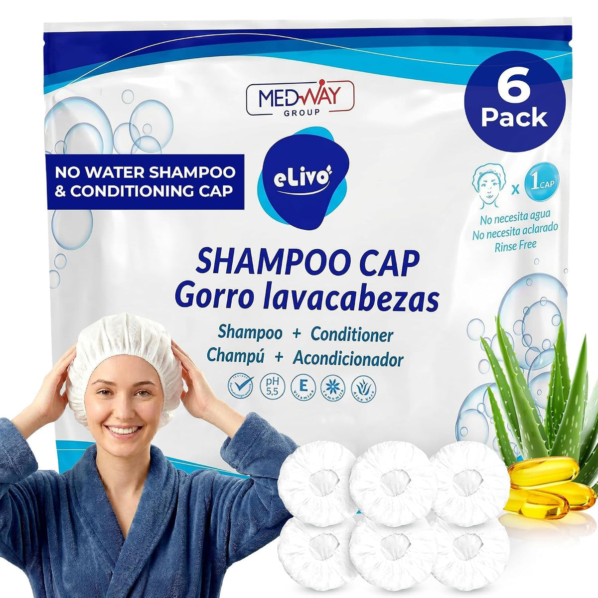MedVance Rinse Free Shampoo & Conditioning Shower Cap Dry Hair Wash, 6 Pack
