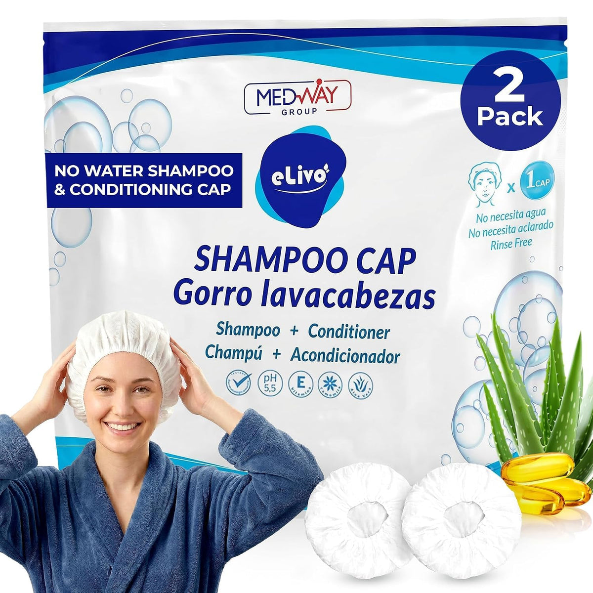 MedVance Rinse Free Shampoo & Conditioning Shower Cap Dry Hair Wash, 2 Pack