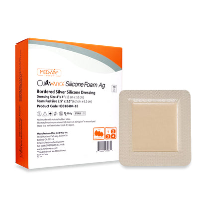 CuraVance Silver Silicone Bordered Adhesive Wound Dressing, 4"x 4"