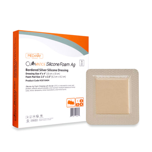 CuraVance Silver Silicone Bordered Adhesive Wound Dressing, 4"x 4", Single Piece