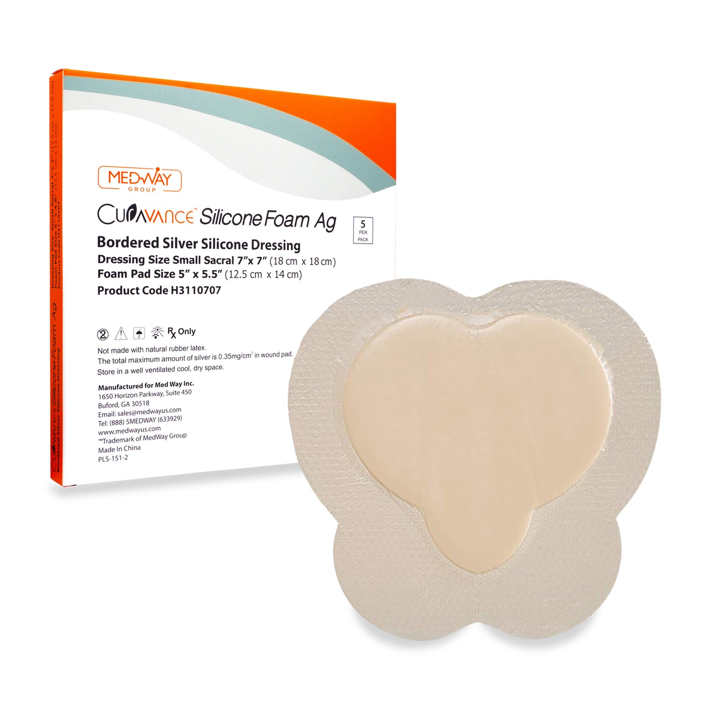 CuraVance Silver Silicone Bordered Adhesive Sacral Wound Dressing, 7"x 7", Single Piece