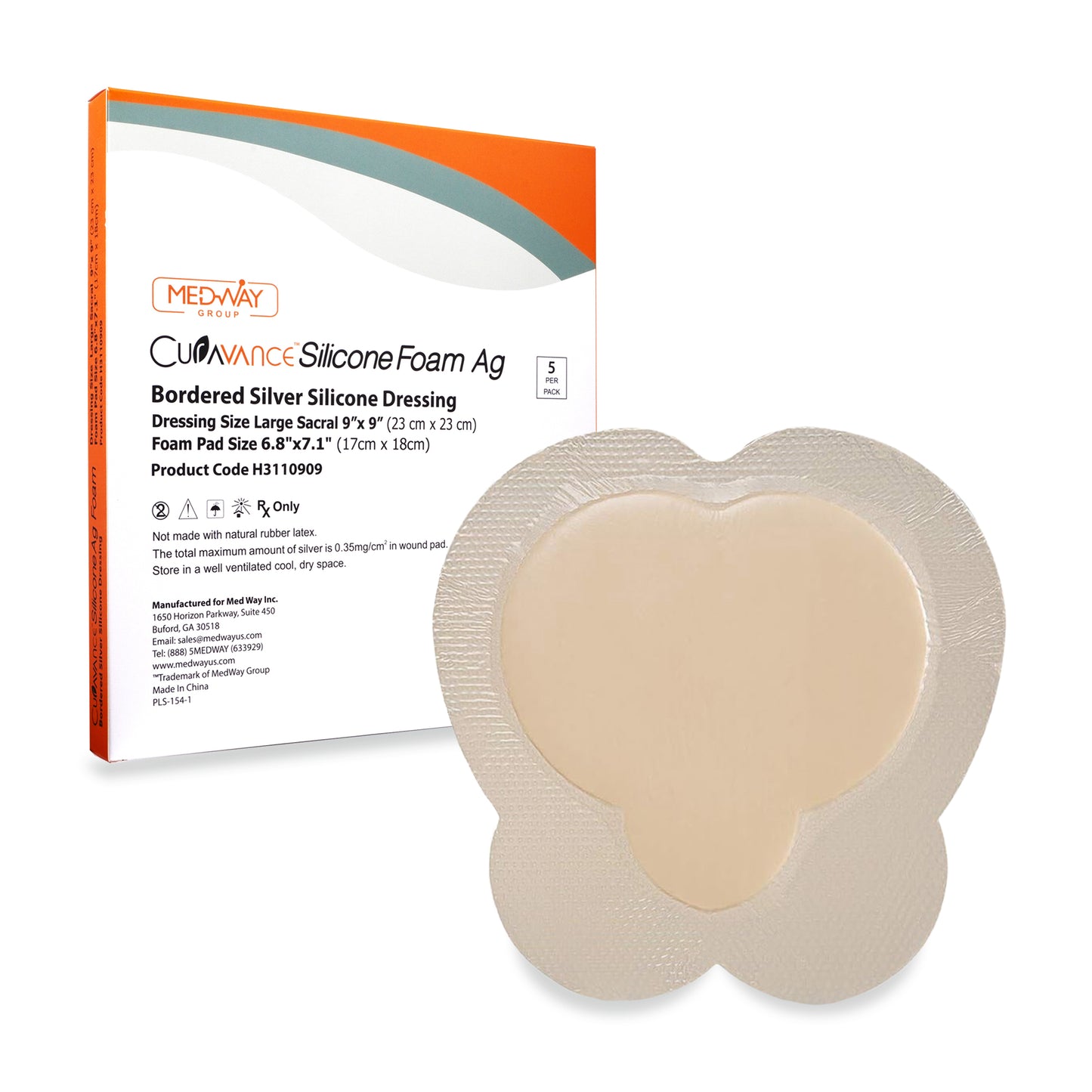 CuraVance Silver Silicone Bordered Adhesive Sacral Wound Dressing, 9"x 9", Box of 5