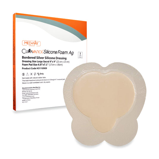 CuraVance Silver Silicone Bordered Adhesive Sacral Wound Dressing, 9"x 9", Box of 5