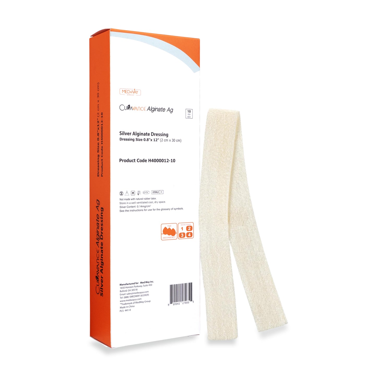 CuraVance Silver Calcium Alginate Non-Adhesive Wound Dressing, 0.8"x12"