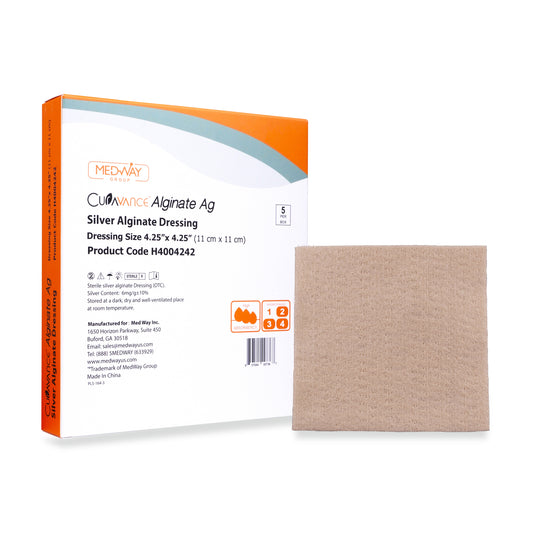 CuraVance Silver Calcium Alginate Non-Adhesive Wound Dressing, 4.25"x4.25", Box of 5