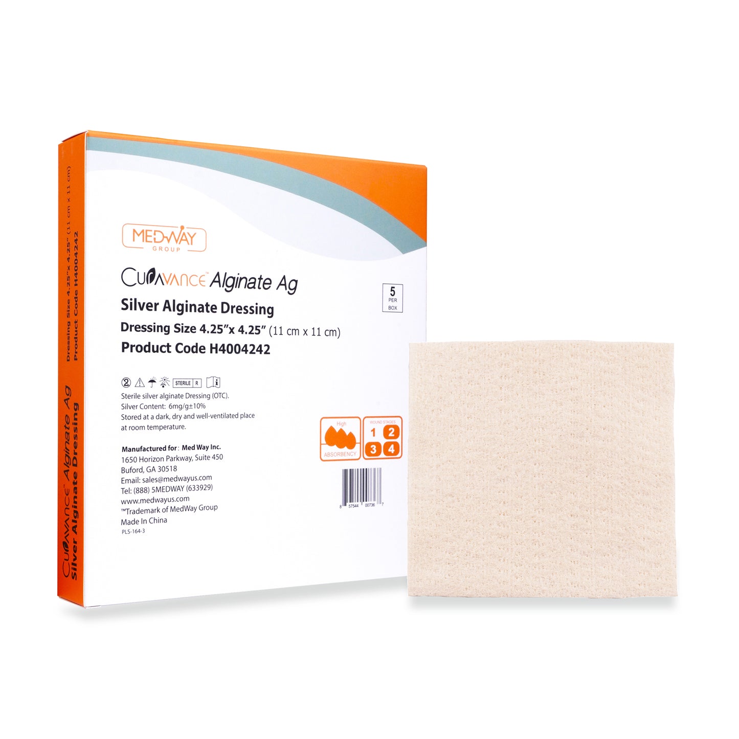 CuraVance Silver Calcium Alginate Non-Adhesive Wound Dressing, 4.25"x4.25", Box of 5