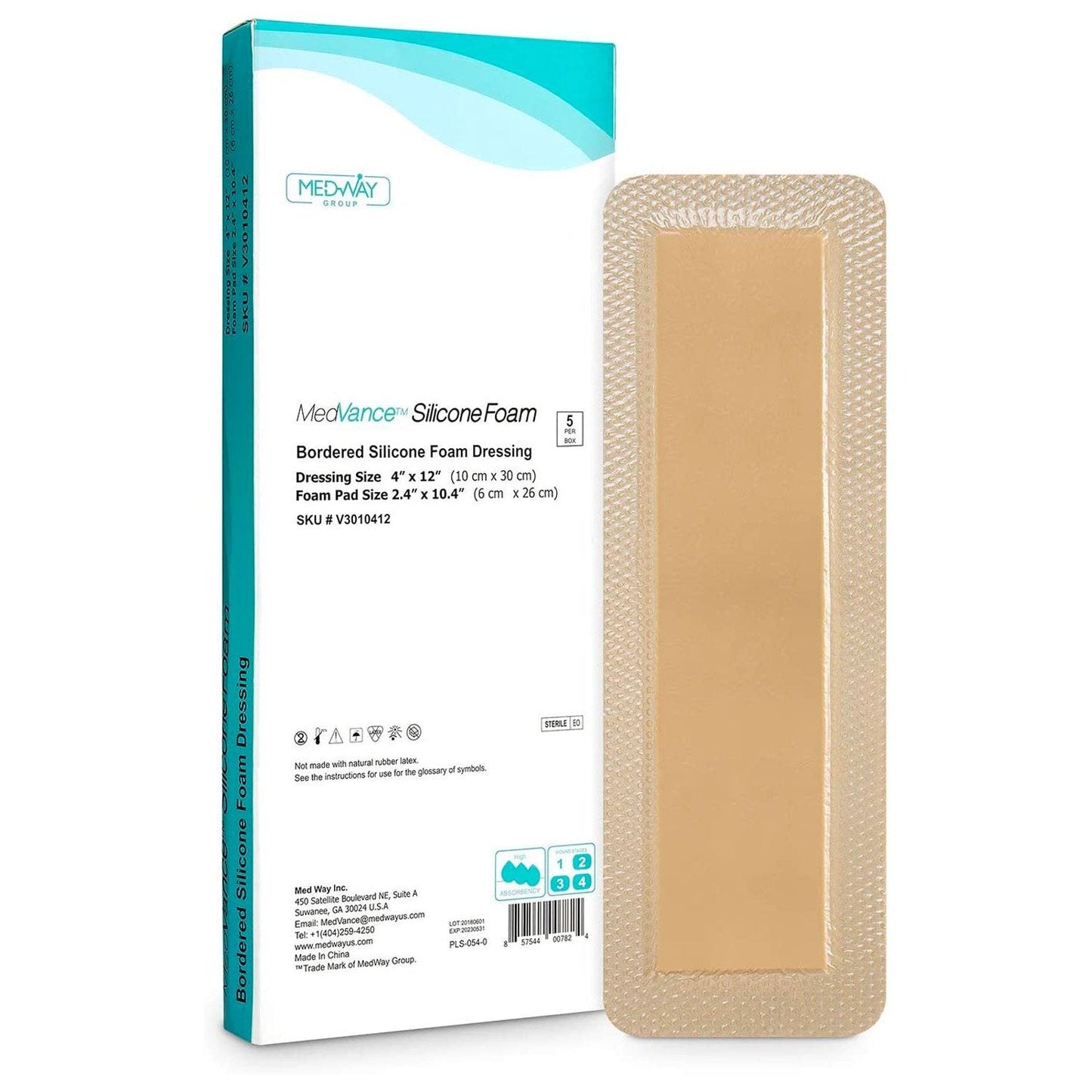MedVance Silicone Bordered Adhesive Wound Dressing, 4"x 12", Single Piece