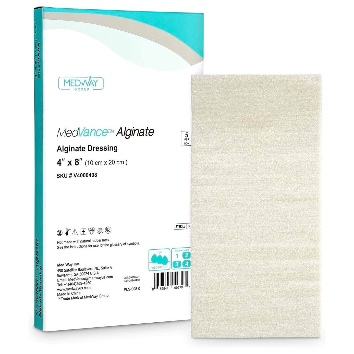 MedVance Calcium Alginate Non-Adhesive Wound Dressing, 4"x8", Single Piece