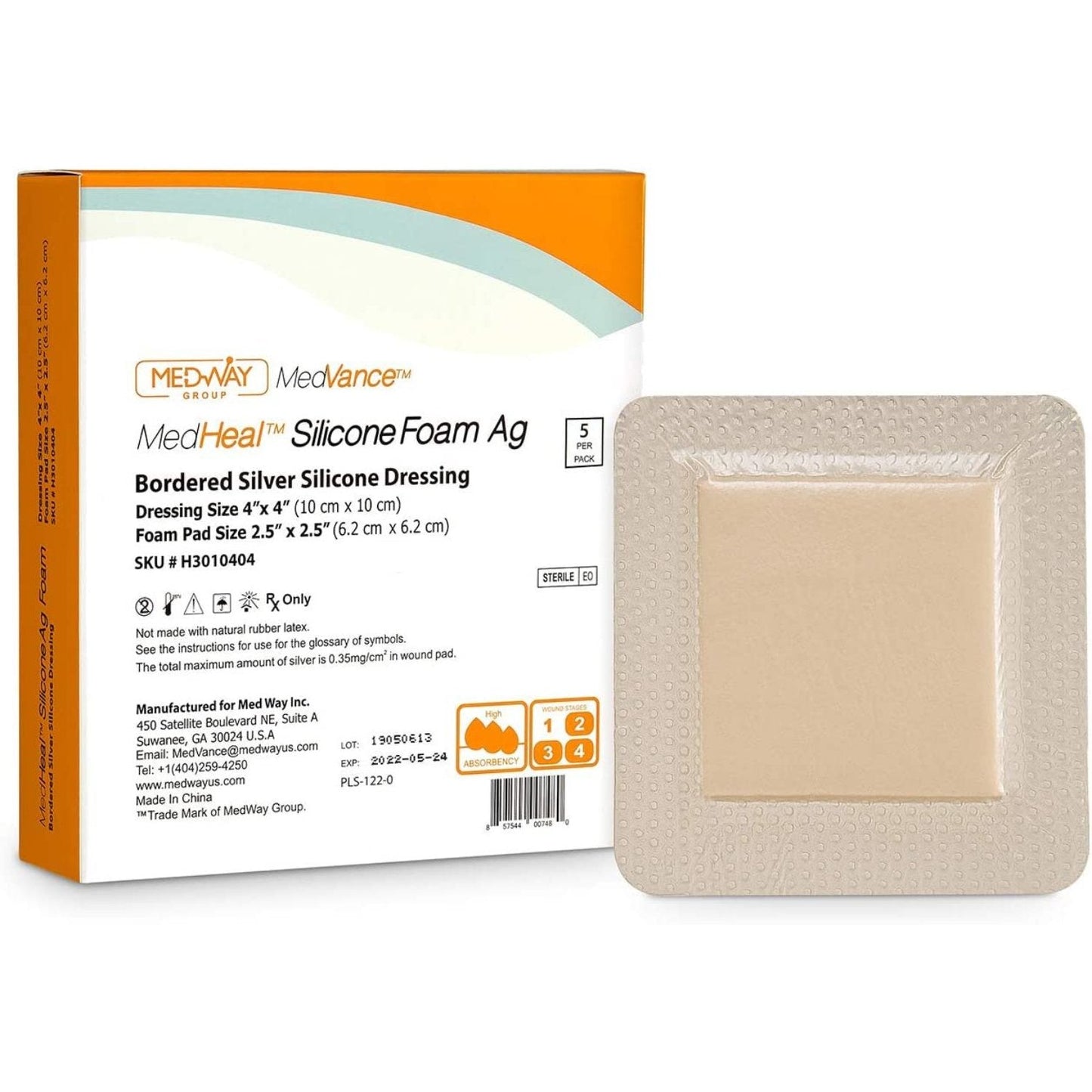 CuraVance Silver Silicone Bordered Adhesive Wound Dressing, 4"x 4", Single Piece