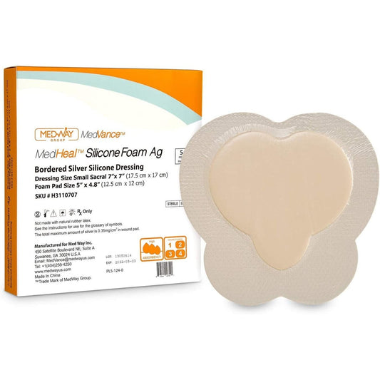 CuraVance Silver Silicone Bordered Adhesive Sacral Wound Dressing, 7"x 7", Single Piece