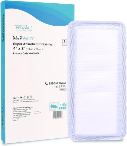 MedVance Super Absorbent Dressing, Non-Adhesive Pads for Wound Care, Pressure Ulcers & 1st/2nd Degree Burns, Superior Moisture Absorption, Box of 5 Dressings (4"x8" Bandage)