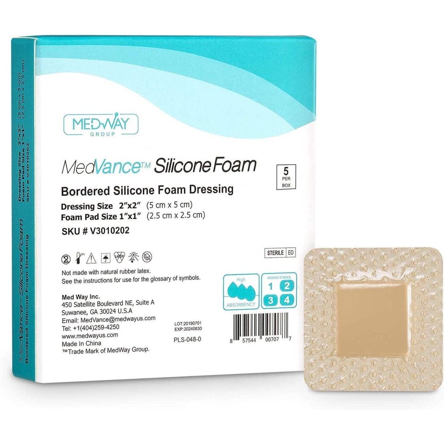 MedVance Silicone Bordered Adhesive Wound Dressing, 2"x2", Single Piece