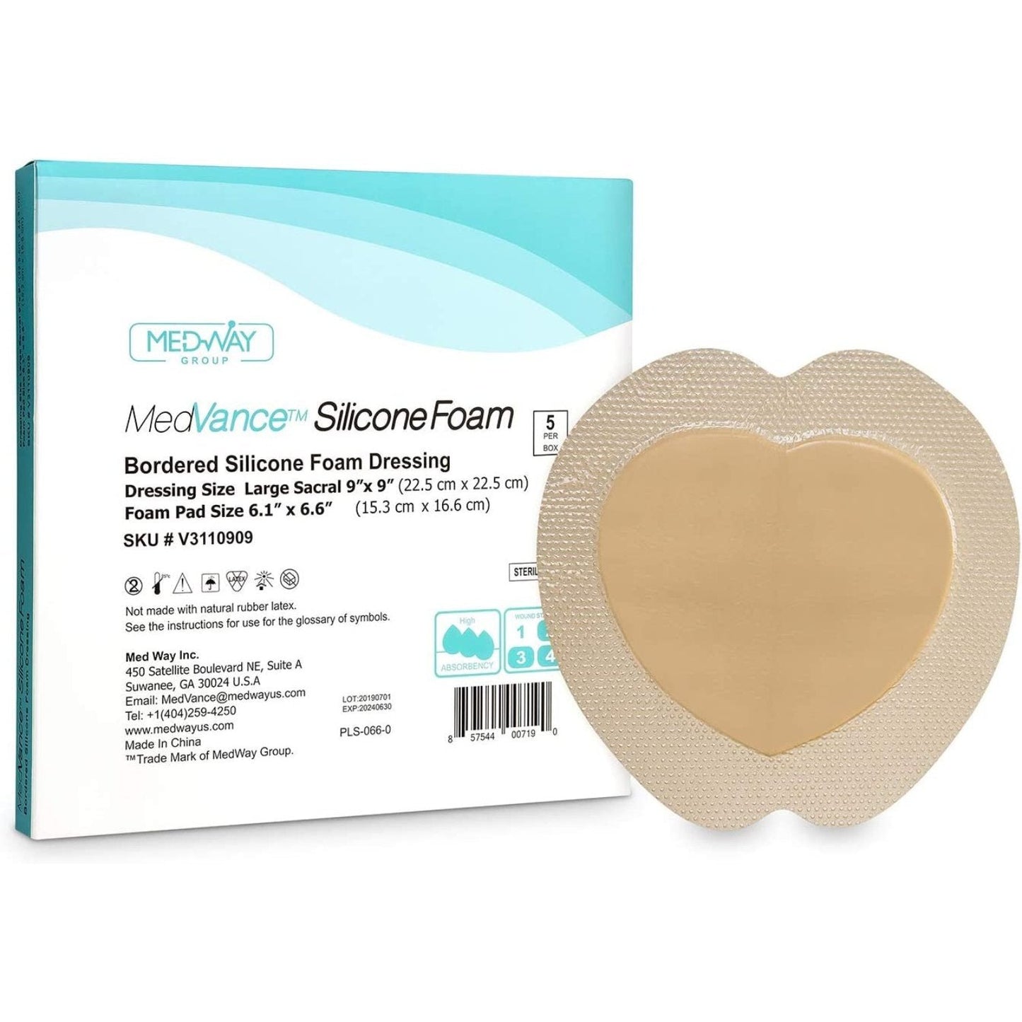 MedVance Silicone Bordered Adhesive Sacral Wound Dressing, 9"x9", Single Piece