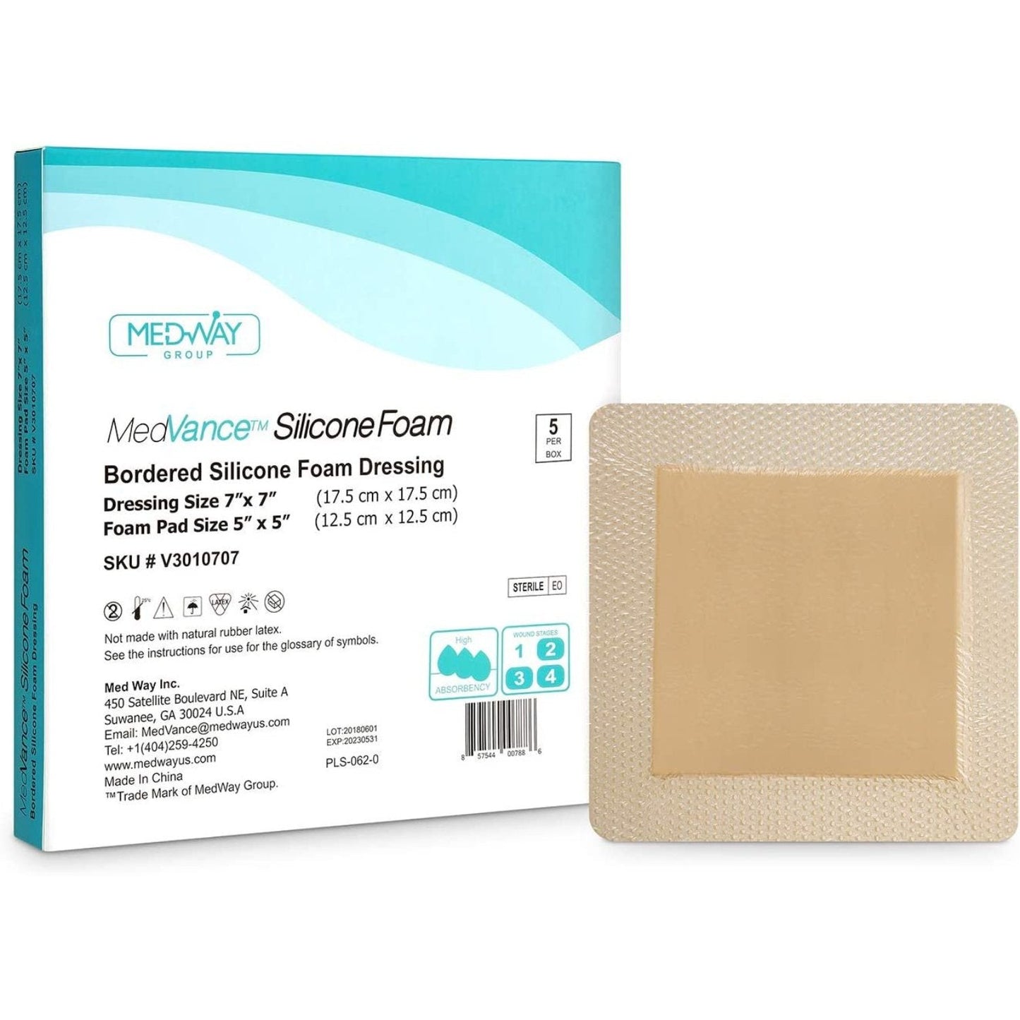 MedVance Silicone Bordered Adhesive Wound Dressing, 7"x7", Single Piece