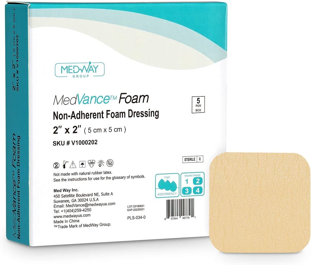 MedVance Foam Non-Bordered Non-Adhesive Wound Dressing, 2"X 2", Single Piece