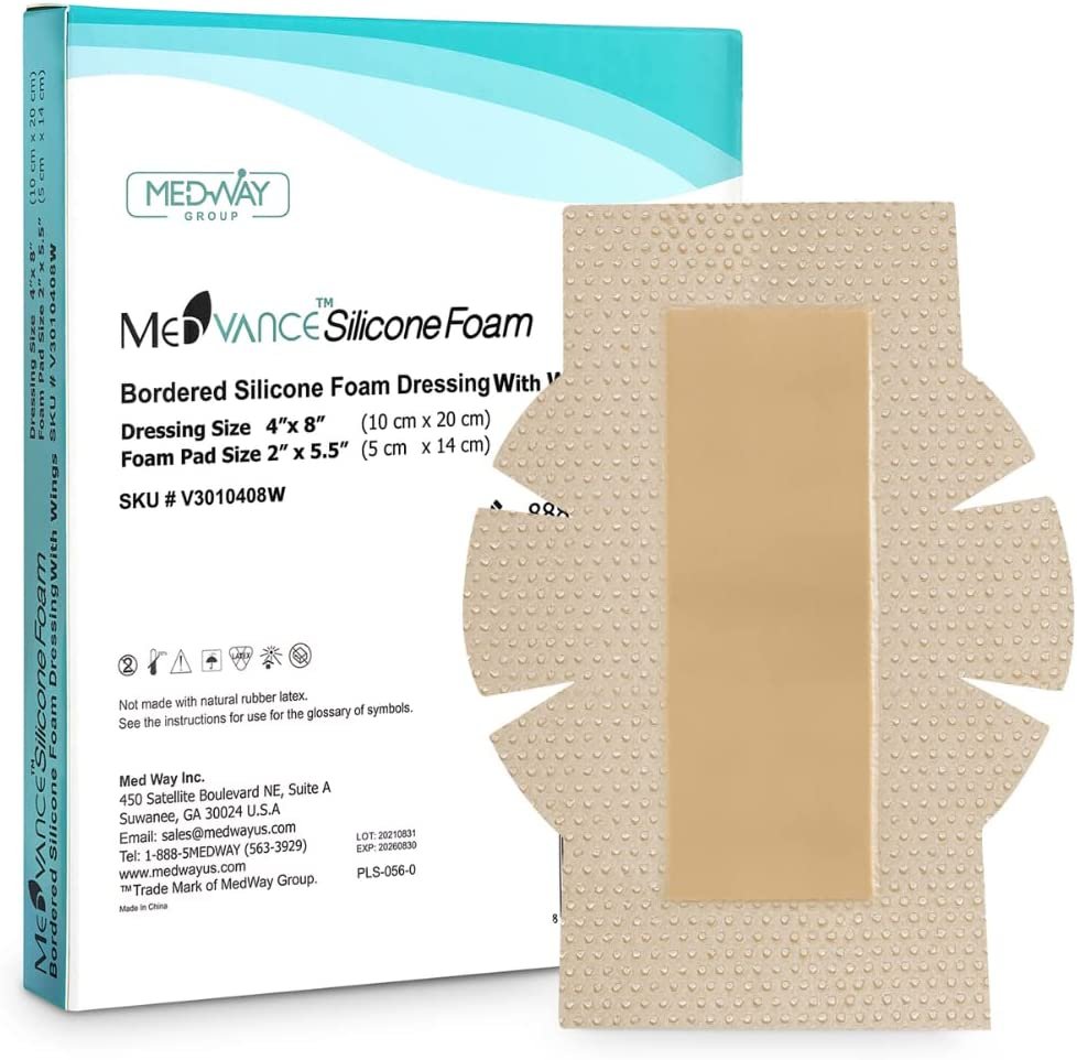 MedVance Silicone Bordered Adhesive Wound Dressing, 4"x8" w/ Wings, Single Piece
