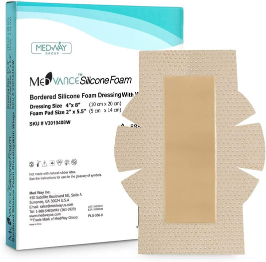 MedVance Silicone Bordered Adhesive Wound Dressing, 4"x8" w/ Wings, Single Piece