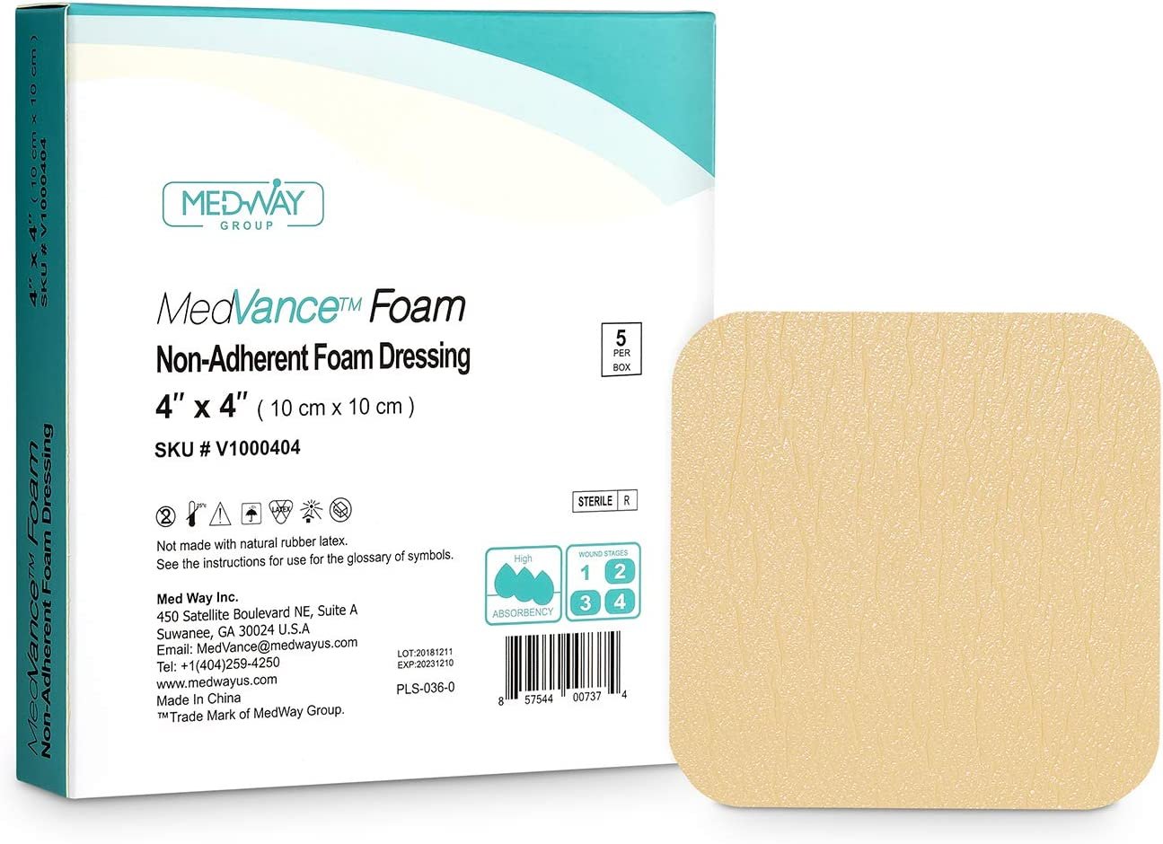 MedVance Foam Non-Bordered Non-Adhesive Wound Dressing, 4"x4", Single Piece