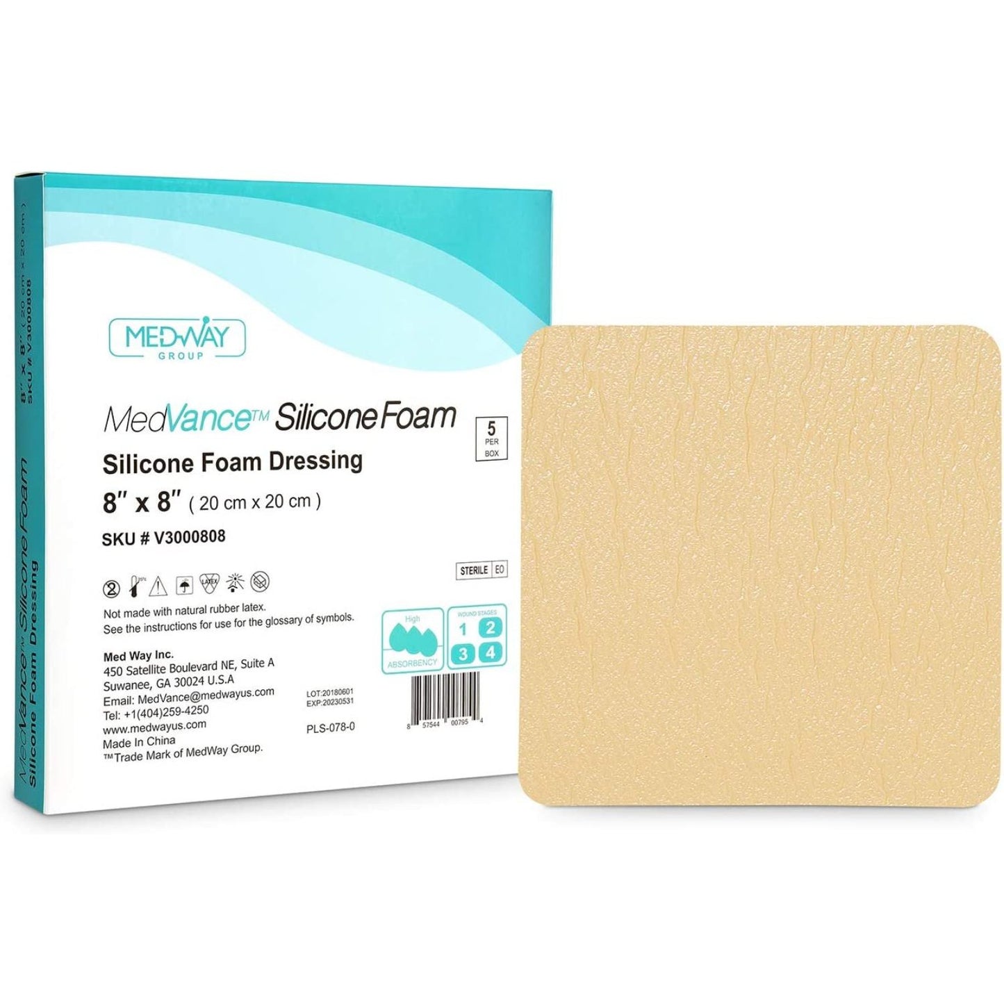 MedVance Silicone Non-Bordered Adhesive Wound Dressing, 8"x8", Box of 5