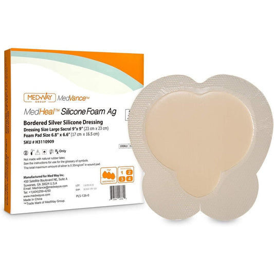 CuraVance Silver Silicone Bordered Adhesive Sacral Wound Dressing, 9"x 9", Single Piece
