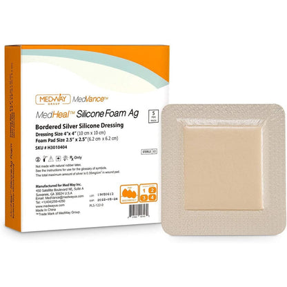CuraVance Silver Silicone Bordered Adhesive Wound Dressing, 4"x 4"